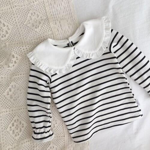 2021 New Cotton Baby Girls T-shirts Toddler Girls Striped Blouse Tops 1-6Y Autumn Children Clothing Peter Pan Collar Shirts Kids