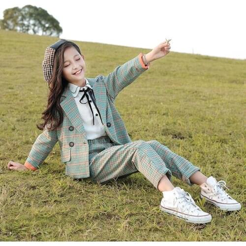Autumn Teenage girls clothes sets Children Girls Clothing Girls Suit Plaid Jacket+pants 2pcs Kids Tracksuit Girl Formal Clothes