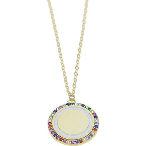New Cz Multi Colors Rainbow Round Disc Coin Statement Necklace Gold Color Delicate Circular Charm Fashion Women Wedding Jewelry