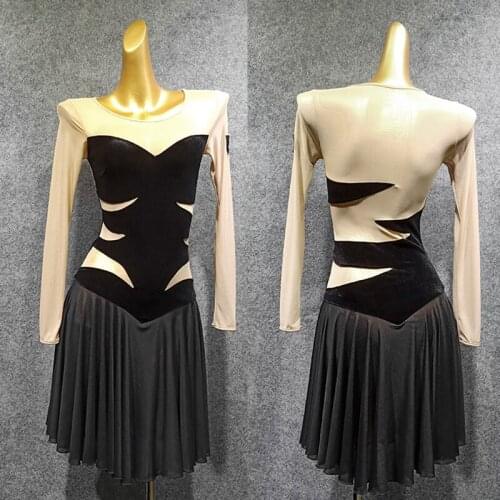 Latin Dance Dress Lady Skin Color Stitching Long Sleeve Rumba Tango Salsa Cha Cha Adults Competition Performance Wear DN4333
