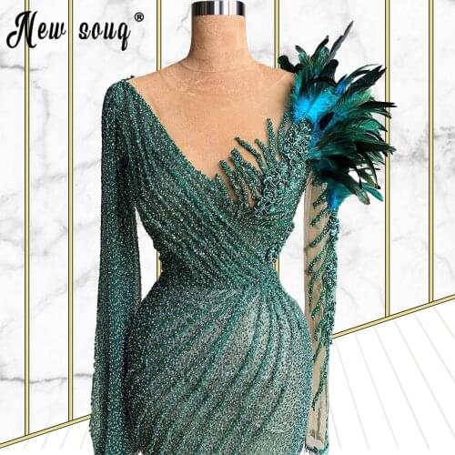 Green Sequin Mermaid Prom Dresses with Feathers 2021 Luxury Long Sleeve Formal Party Night Gowns Wedding Party Dress