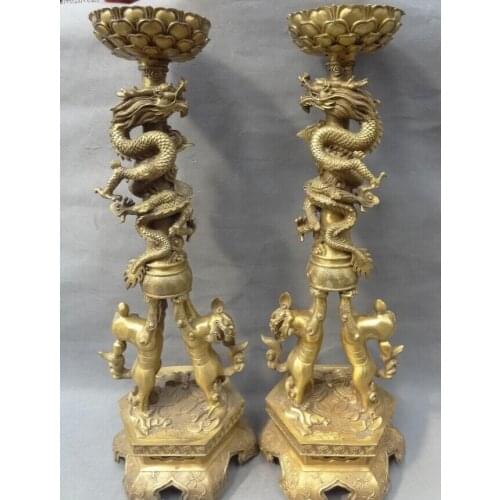 USPS to USA S1830 24" Chinese Pure Brass FengShui Dragon Head Lion Statue Candle Stick Holder Pair