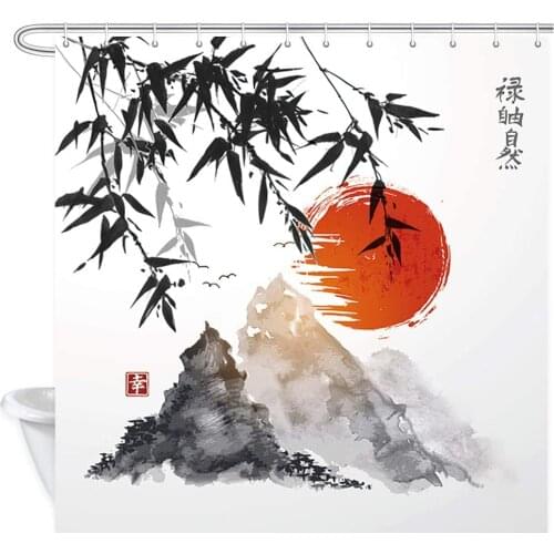 Japanese Bamboo Trees Sun and Mountains Bath Curtain Polyester Fabric Waterproof Asian Ink Painting Shower Curtains