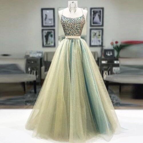 Green Beaded 2 Piece Prom Dresses Spaghetti Straps Backless Scoop Neckline Formal Evening Dress Robe De Soiree