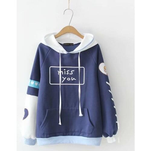 Women Hoodies Sweatshirts Korean Preppy Style Hit Color Matching Hooded Lace-up Cartoon Print Plus Fleece Pullover