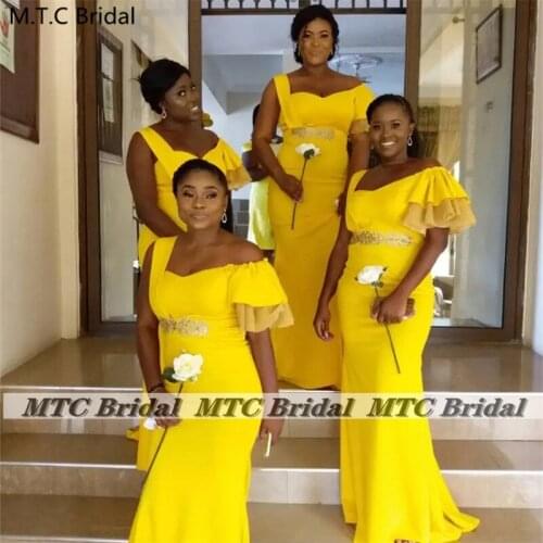 Yellow Gold Mermaid Long Bridesmaid Dresses For Black Women Off The Shoulder Lace Up Back Plus Size Maid Of Honor Gowns