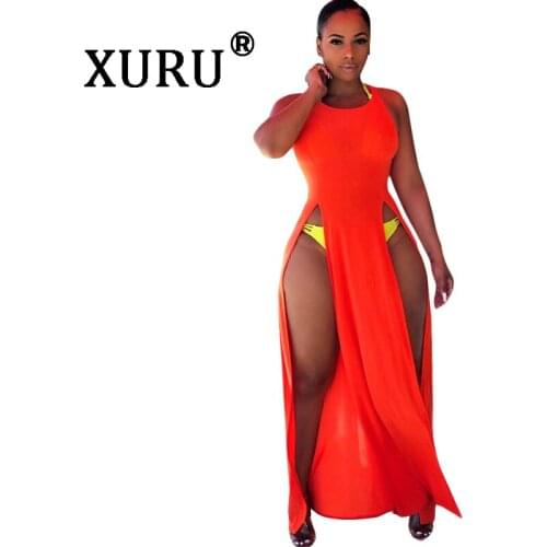 XURU summer new hot womens solid color dress sexy side slit dress orange black dress