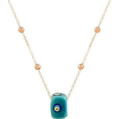 Womens Silver Turquoise Stone Enameled Ball Chain Necklace with Handmade Ceramic Evil Eye