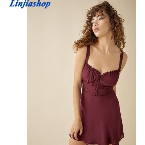 Vintage Solid Color Sling Sexy Dress Women Sleeveless V Neck Draped Waist A-line Mini Summer Dress Holiday Chiffon Robe