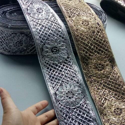2 Yards Ethnic Silver Gold Thread Sequins African Lace Trims Geometric Lace Ribbon DIY Sewing Dress Decoration Bridal Lace