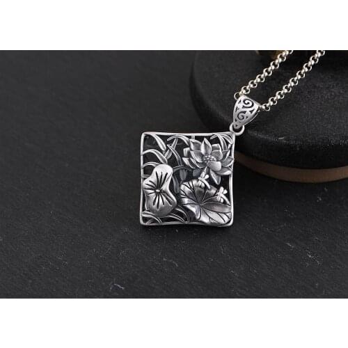 990 sterling Silver Lotus flower women retro pendant charm jewelry A4330