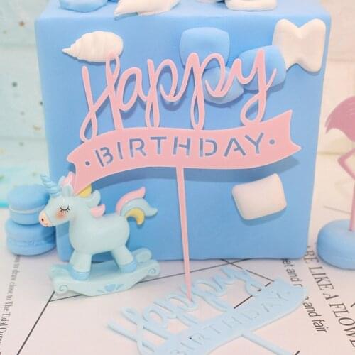 2pcs/lot Acrylic Happy Birthday Cake Topper Pink Blue Acrylic Cupcake Topper Flag For Birthday Party Baby Shower Cake Decoration