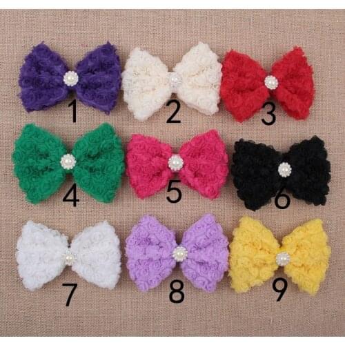 Yundfly 3pcs Big Lace Chiffon Rose Hair Bows With Pearl Rhinestone Center For Girls Women DIY Hair Accessories