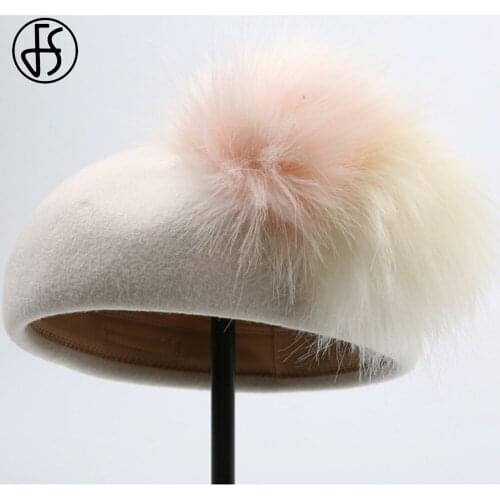 FS Plush Ball Wool Women Berets For Autumn Winter White Navy French Artist Hat Girls Painter Hats Beret Femme Female Warm Cap