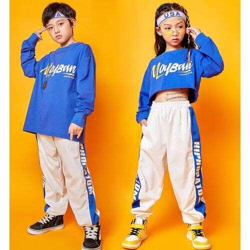 Children Hip Hop Clothing Blue Sweatshirt Casual Pants For Girls Jazz Dance Costume Ballroom Dancing Clothes Stage Wear SL1946