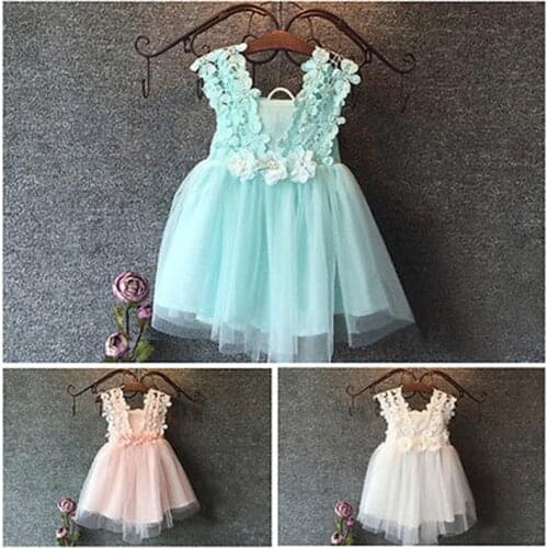 Baby Girls Princess Lace Flower Tulle Tutu Gown Formal Party Dress Newborn Baby Girl Clothes Summer O-neck Sleeveless 2-7T
