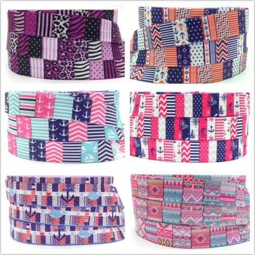 High Quality Leopard Aztec Print Fold Over Elastic 5/8" Stripe Chevron Anchor Print FOE Ribbon 50Yard/lot/color for DIY Headwear