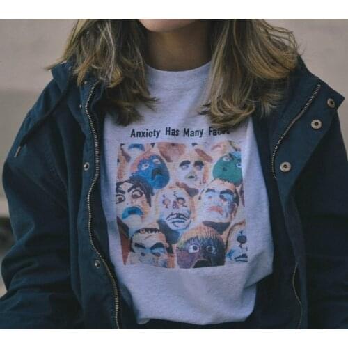 Sunfiz HJN Unisex Anxiety Has Many Faces Vintage T-Shirt Hipsters Grunge Art Drawing Tee 90s Fashion Aesthetic Tumblr Shirt