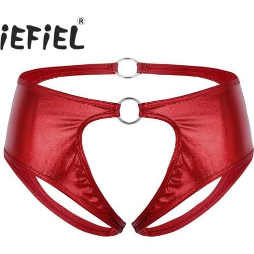 IEFiEL Fashion Women Lingerie Sexy Soft Faux Leather Crotchless Jockstrap Low Rise Briefs G-String Underwear with Metal O-Rings