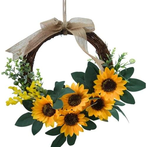 Round Artificial Sunflower Summer Wreath Decorative Fake Flower Wreath With Yellow Sunflower And Green Leaves For Front Door