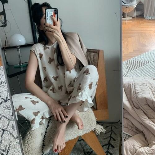Sleeveless Cartoon Bear Summer Pajamas Set Women Korean Kawaii Pants Set Two Piece Sleepwear Home Suit Cotton Homewear