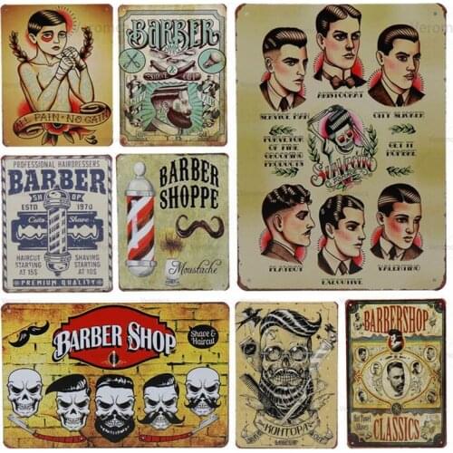 Vintage Barber Shop Metal Tin Signs Poster Bar Pub Retro Plaque Haircut and Shave Beard Iron Plates Barber Shop Decor Painting