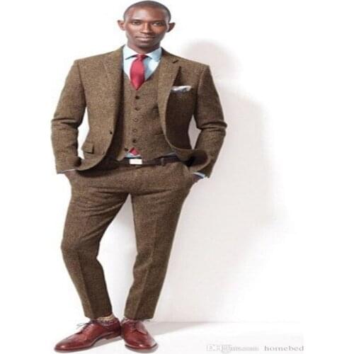 Fashion Two Buttons Brown Tweed Groom Tuxedos Groomsmen Notch Lapel Mens Suits Blazers (jacket+pants+vest)