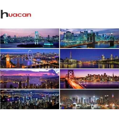 Huacan Diamond Painting Kit City Scenery Home Decor Mosaic Night Town Building Embroidery Landscape Wall Stickers