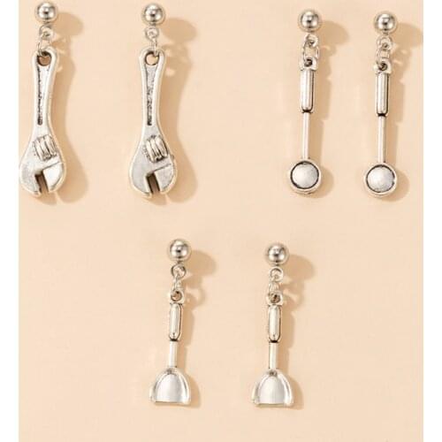 Tocona 6pcs/set Unique Shovel Wrench Drop Earring Sets for Women New Silver Color Geometry Dangle Jewelry Accessories 17906