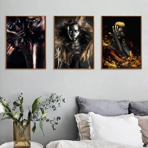 African Art Black Gold Woman Canvas Painting Living Room Bedroom Poster Home Decor luxury Figure Scandinavian Wall Painting