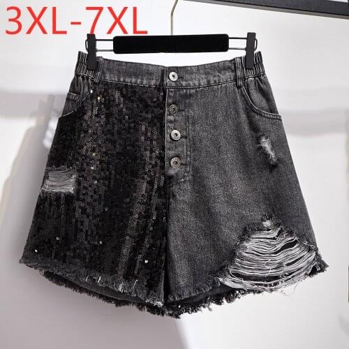 New 2021 summer plus size denim shorts for women large loose casual pocket hole cotton wide leg shorts black 3XL 4XL 5XL 6XL 7XL
