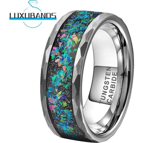 Wedding Rings 8MM For Womens Mens Multicolor Opal Chip Inlay Hammer Brushed Finished Comfort Fit