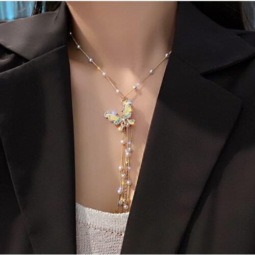 Korean Pearl Tassel Butterfly Pendant Necklace for Women Cocktail Party Statement Necklace Steet Style Fashion Necklace Jewelry