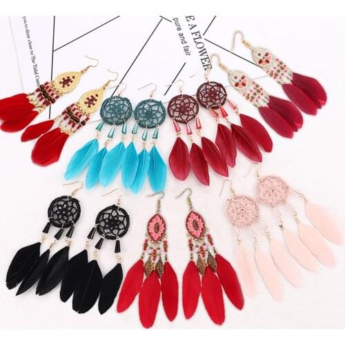 New Bohemian Dream catcher drop feather red color earrings long hand-woven retro fantasy exaggerated Tassel earrings