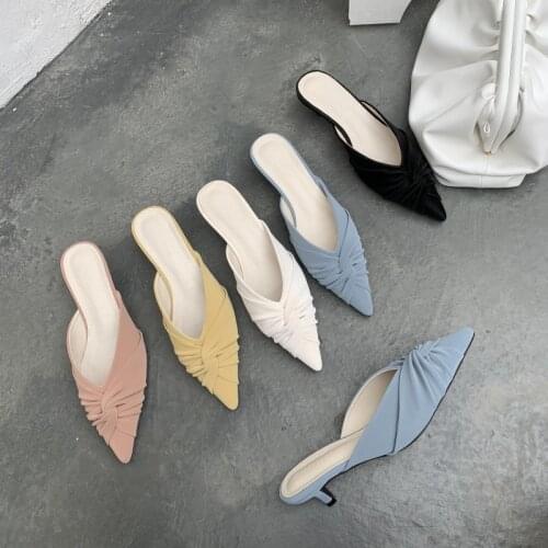 2020 mules shoes woman pleated knot slippers pointed toe kitten heels slides shoes woman brand designer bow pantuflas flip flops