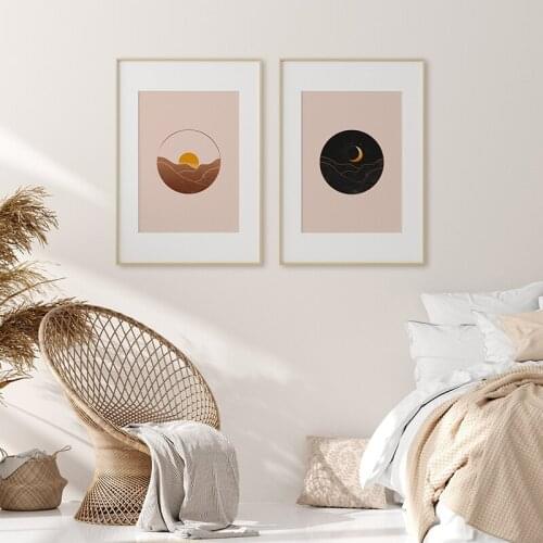 Mid Century Modern Sun and Moon Print Abstract Landscape Poster Canvas Painting Wall Art Boho Picture for Living Room Home Decor