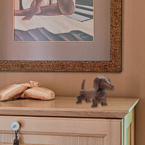 T21D Sausage Dog Puppy Figurines Craft Wooden Sculpture Desktop Table Ornament Home Office Decoration Car Accessories