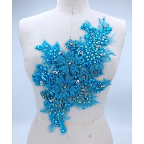 Three-dimensional flower light blue sew on rhinestones beads lace applique trim patches 38*23cm for dress accessory