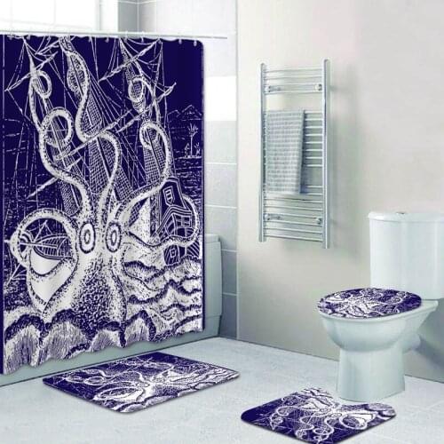 Vintage Mythical Kraken Attack Giant Octopus Shower Curtain Bathroom Curtain Bath Mats Set Nautical Navy Blue Octopus Home Decor