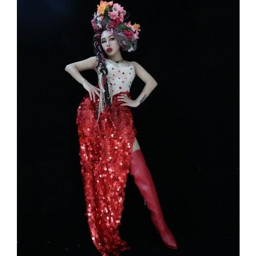 X80 Ballroom party stage wears sequin dress female performance skirt dj Split skirt proom pole dance dress club dj costume party