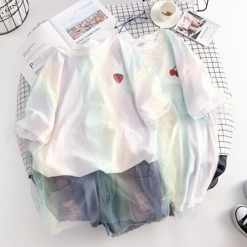 Mesh Patchwork Sweet Style Women T-Shirts Summer New 2021 Solid Printed Loose Casual All Match Female Pulls Tops Tees