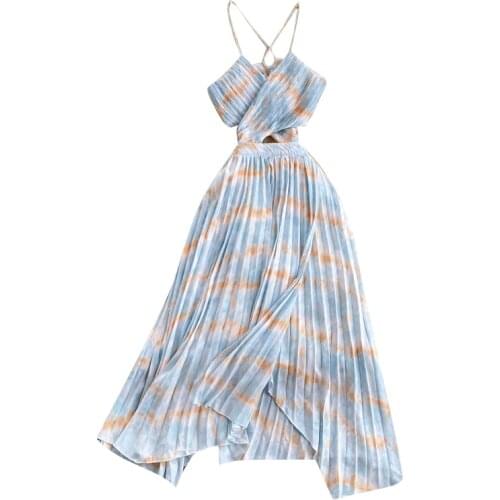 New Summer Women Sexy V-Neck Backless Hollow Out Spaghetti Strap Beach Dress Fashion Contrast Color Pleated Long Dress