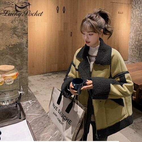 Women Autumn Winter Hit Color Spliced Fashion Loose Lamb Fur Leather Female High Street New Warm Coat Ladies ELegant Coat ML1065