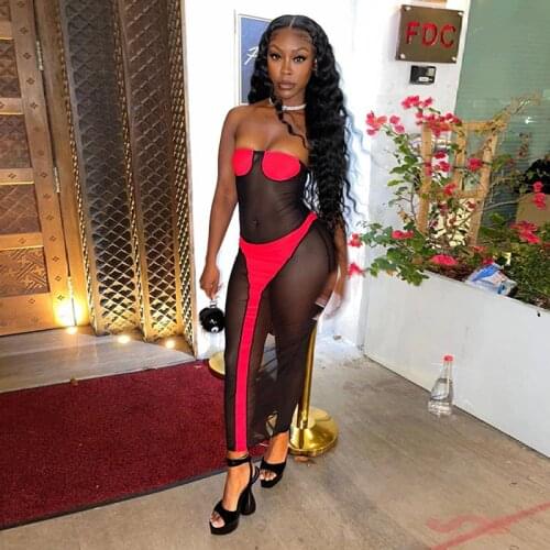 Sheer Mesh Patchwork Woman Dress Plus Size Spring Sleeveless Off The Shoulder Sexy Dress Party Night Club See Through Maxi Dress