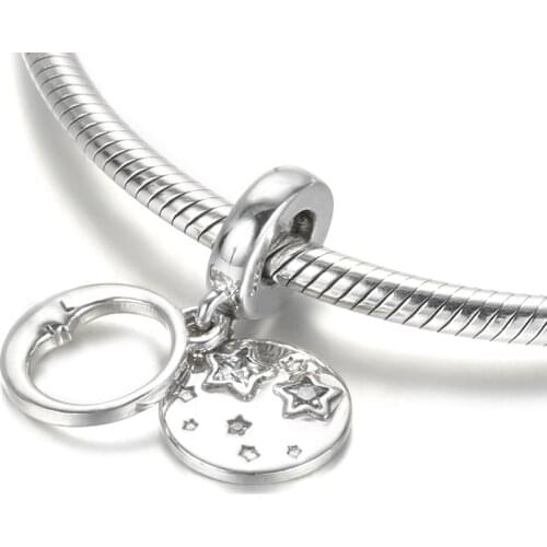 Authentic S925 Pendant Bead Sleeping Moon & Stars Dangle Charm fit Lady Bracelet & Bangle DIY Jewelry