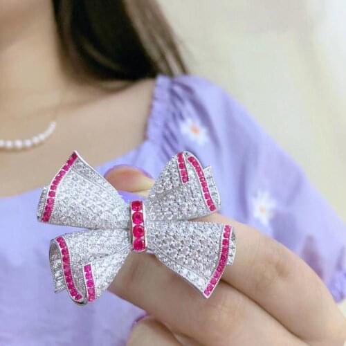 Classic 925 sterling silver with cubic zircon bowknot brooch high quality elegant fine women jewelry free shipping blue red