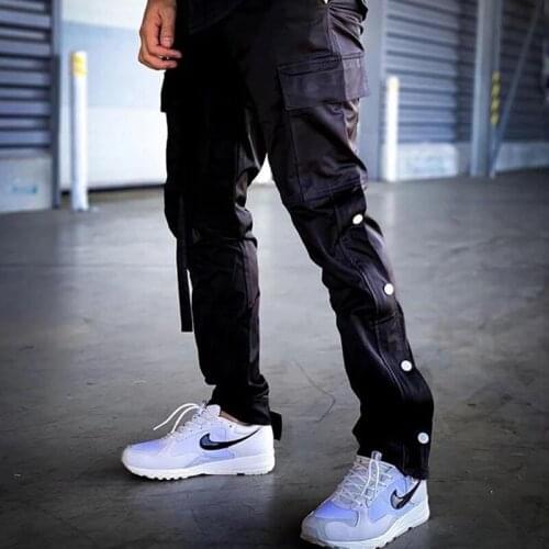 Men Casual Pants 2021 Hip Hop Streetwear Trousers Side Buttons Fitness Joggers Sweatpants