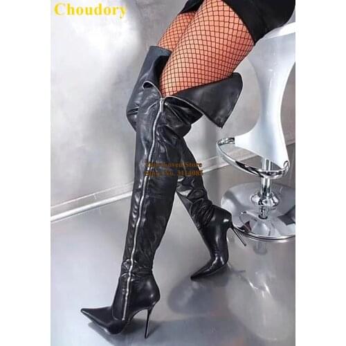 Choudory Black Matte Leather Side Zipper Long Boots Thin High Heels Pointed Toe Over The Knee Boots Thigh High Dress Boots Pumps