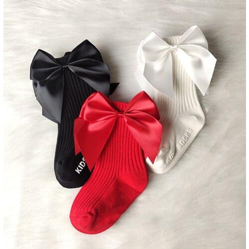 INS Baby Girls Socks With Large Satin Bow Cotton Anti-slip Hollow Dress Soft Socks Kids Accessories For 0-3years 2021 New Spring