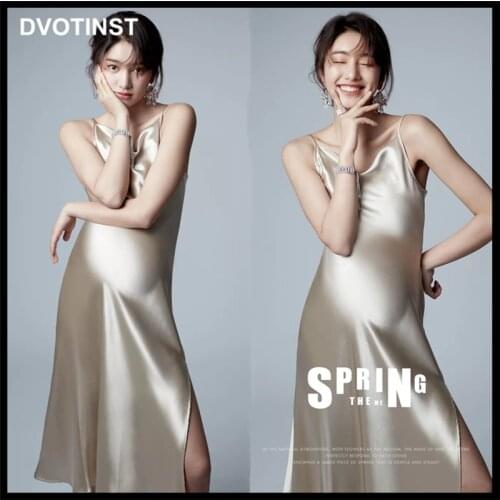 Dvotinst Women Photography Props Maternity Elegant Dresses Pregnancy Champagne Sleeveless Tank Dress Studio Photoshoots Clothes